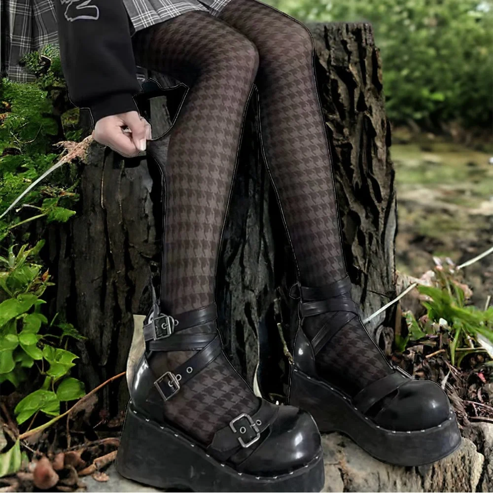 Houndstooth Black Pantyhose, High Waist Elastic‎ Footed Pantyhose One Size